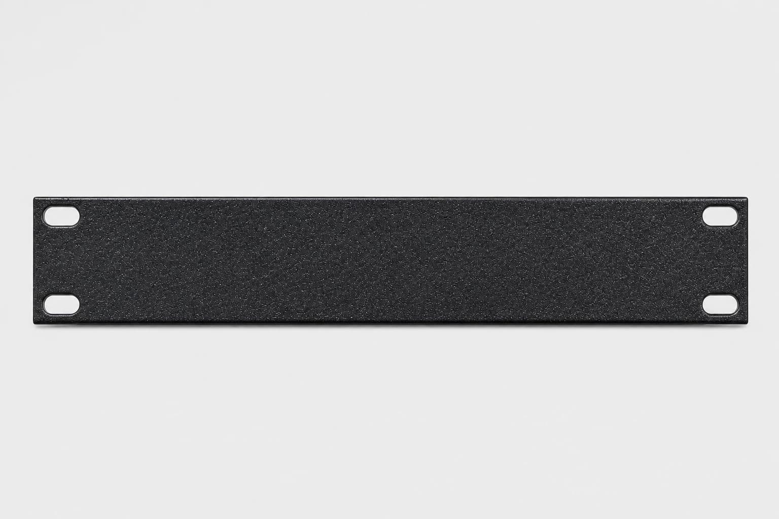 Straight-on studio view of the black 1U blank panel for a compact 10-inch rack