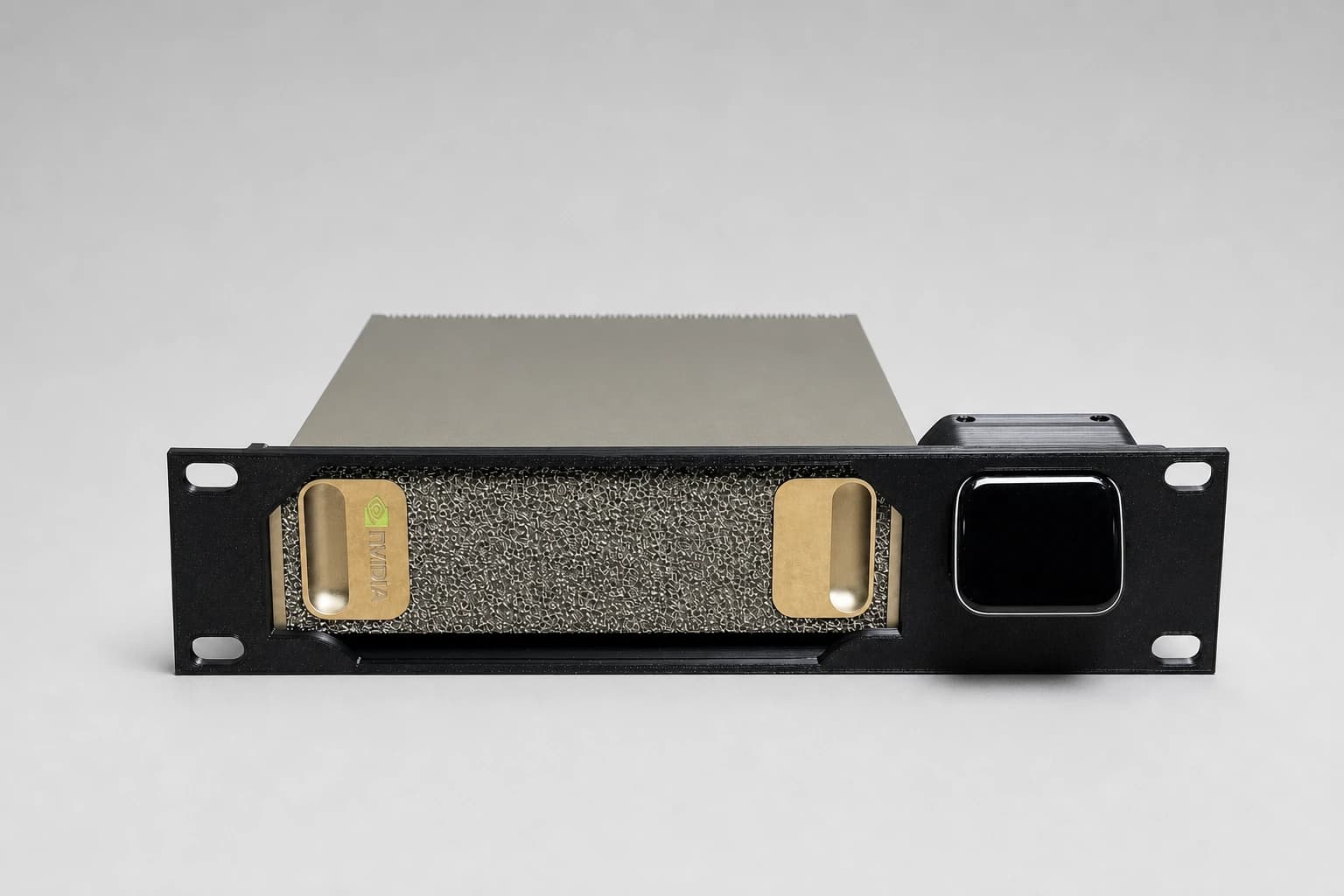 Front studio view of the DGX Spark and JetKVM installed in the updated black 10-inch rack mount kit