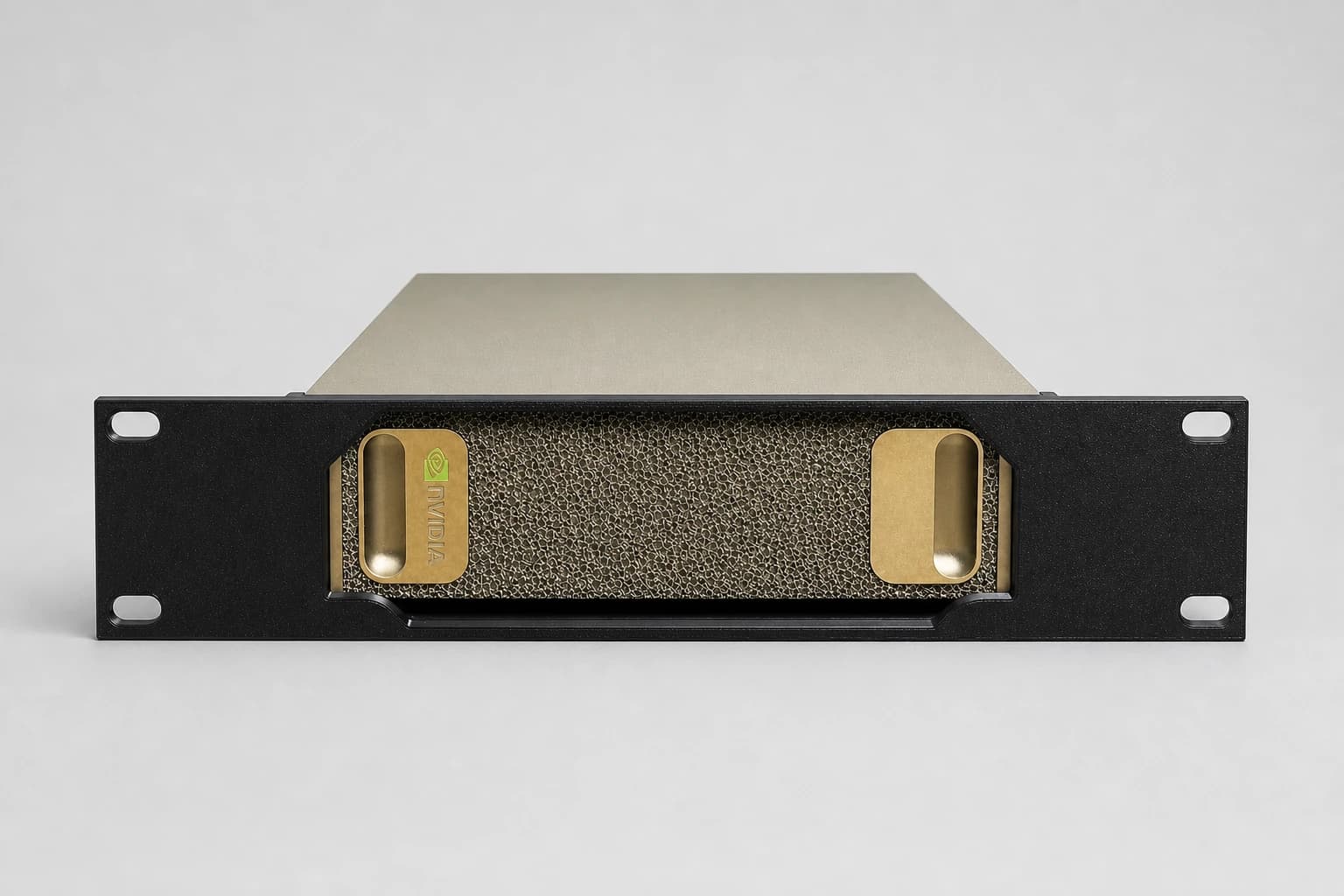 Front studio view of the DGX Spark installed in the updated black 10-inch rack mount kit