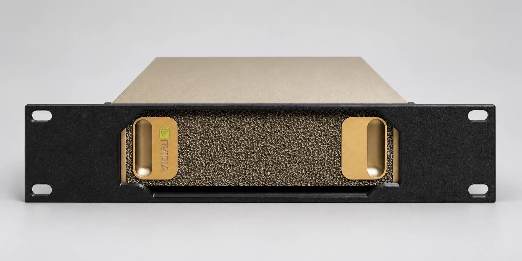 NVIDIA DGX Spark installed in a black 10-inch rack mount on a light studio background; mount only, computer not included