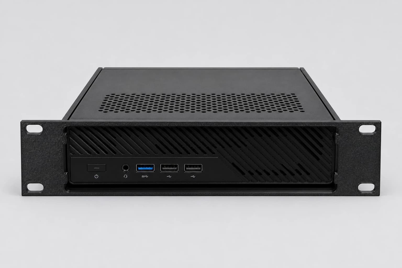 Front studio view of the MINISFORUM MS-01 installed in the black 10-inch rack mount kit