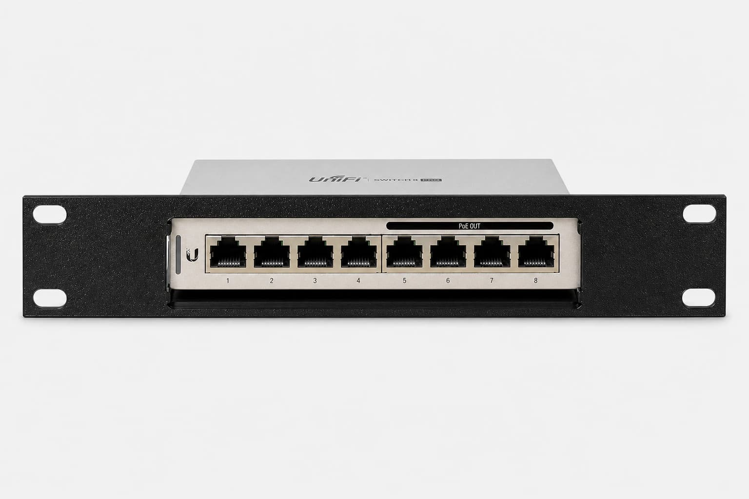 Straight-on studio view of the UniFi Switch 8 60W installed in the black 10-inch rack mount kit