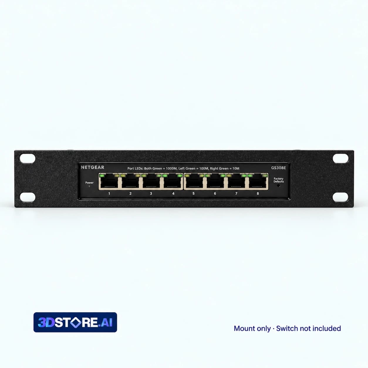 Black NETGEAR GS308E 10-inch 1U rack mount with switch installed; mount only, switch excluded